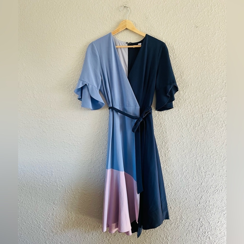 Hutch Asymmetrical Blue and Purple Wrap Midi Dress